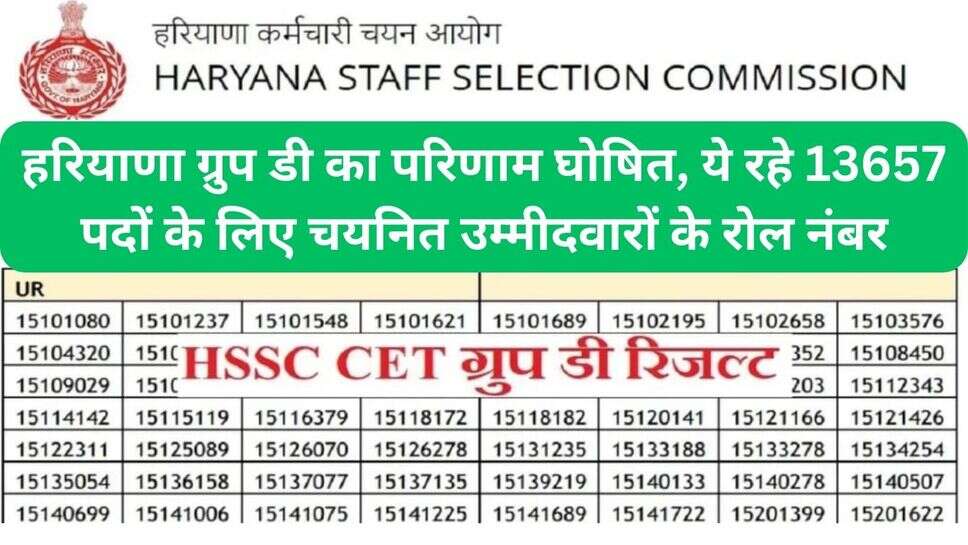 HSSC CET Result 2023: हरियाणा ग्रुप डी का परिणाम घोषित, ये रहे 13657 पदों के लिए चयनित उम्मीदवारों के रोल नंबर