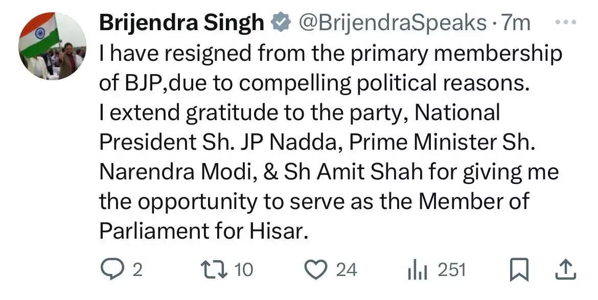Mp Brijender singh left BJP : हरियाणा में भाजपा को बड़ा झटका, पूर्व केंद्रीय मंत्री के बेटे सांसद बृजेंद्र सिंह ने दिया इस्तीफा, कांग्रेस में होंगे शामिल