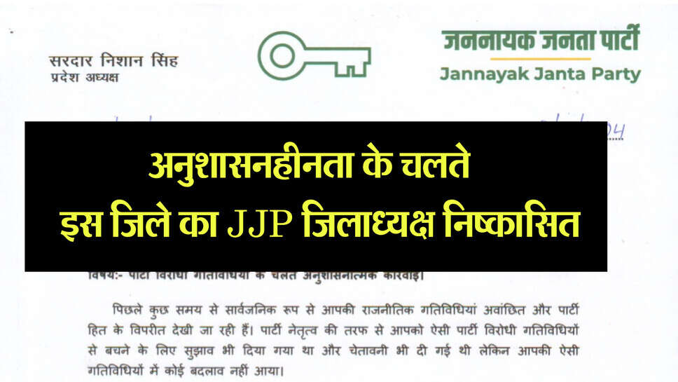 Jjp action : अनुशासनहीनता के चलते इस जिले का JJP जिलाध्यक्ष निष्कासित, जानिए पूरा मामला