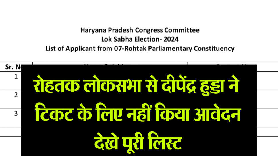 Rohtak loksabha seat : रोहतक लोकसभा से दीपेंद्र हुड्डा ने टिकट के लिए नहीं किया आवेदन, केवल 3 आवेदन आए, देखें लिस्ट