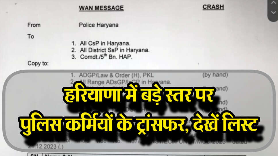 Haryana police transfer : हरियाणा में बड़े स्तर पर पुलिस कर्मियों के ट्रांसफर, यहां देखें पूरी लिस्ट